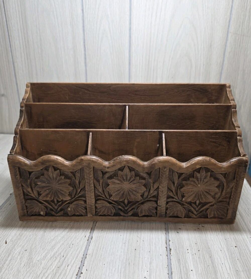 Vtg 70s LERNER Carved Faux Wood Letter Holder Mail Organizer Storage Caddy Desk